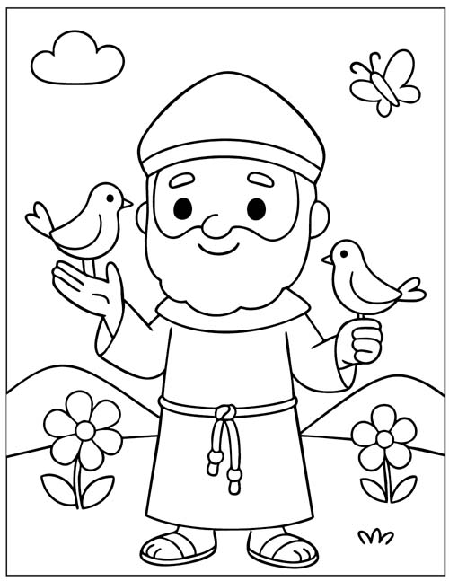 preschool coloring page of St Francis, the patron saint of animals