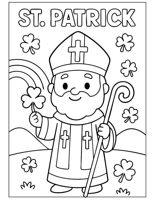 labeled preschool coloring page of St Patrick, the patron saint of Ireland