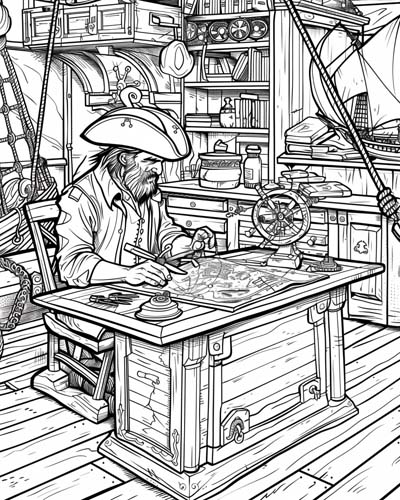 Pirate Captain Kidd plotting his course coloring page