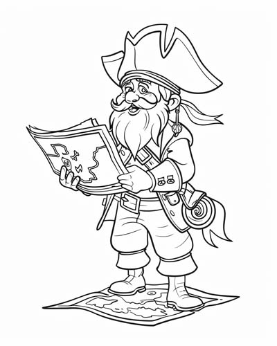 Pirate Captain Kidd and a treasure map coloring page