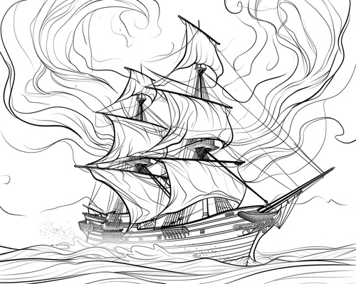 coloring page of a ghost ship sailing through the eerie fog