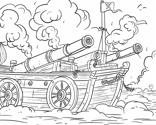 cannons shooting at a ship coloring page
