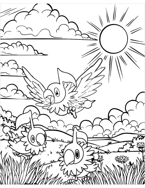 coloring page of chatots in the meadow