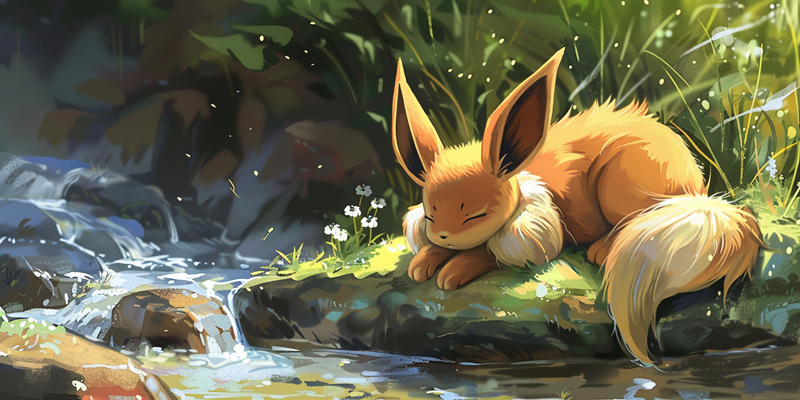 Eevee napping by a stream