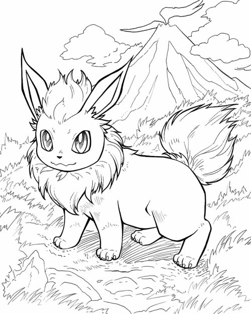 Pokemon Coloring Page of Flareon near a volcano