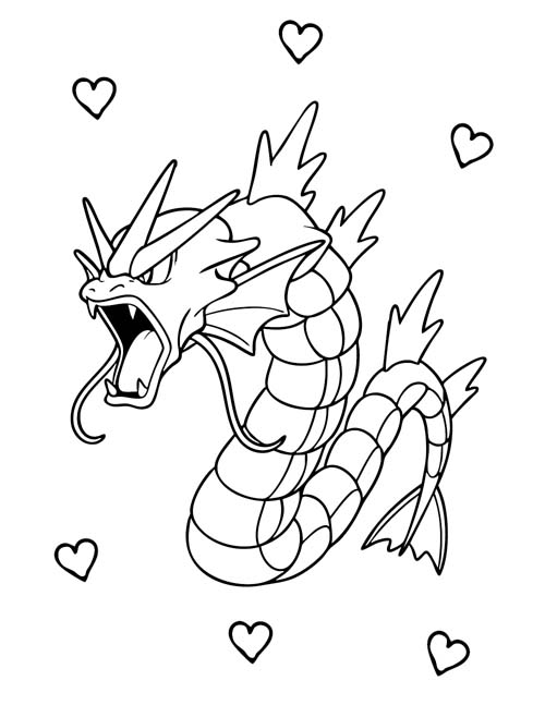 coloring page of Gyarados and hearts