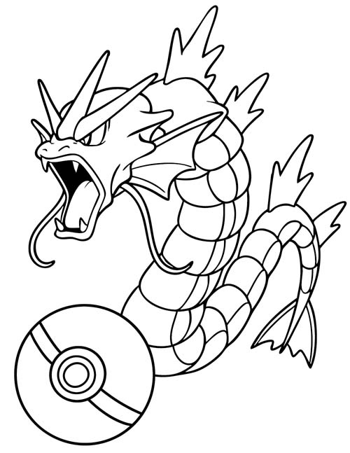 coloring page of Gyarados and a pokeball