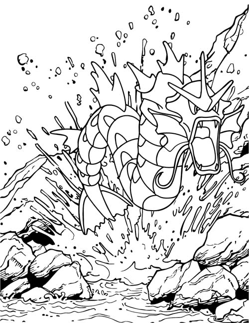 coloring page of Gyarados jumping from the rocky water