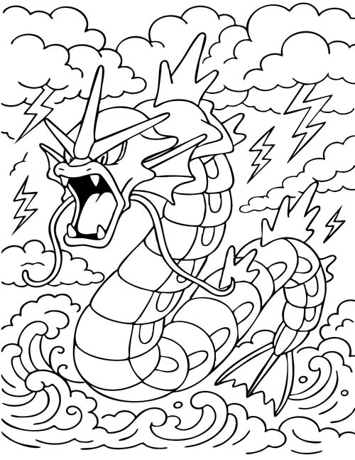 coloring page of Gyarados and a storm