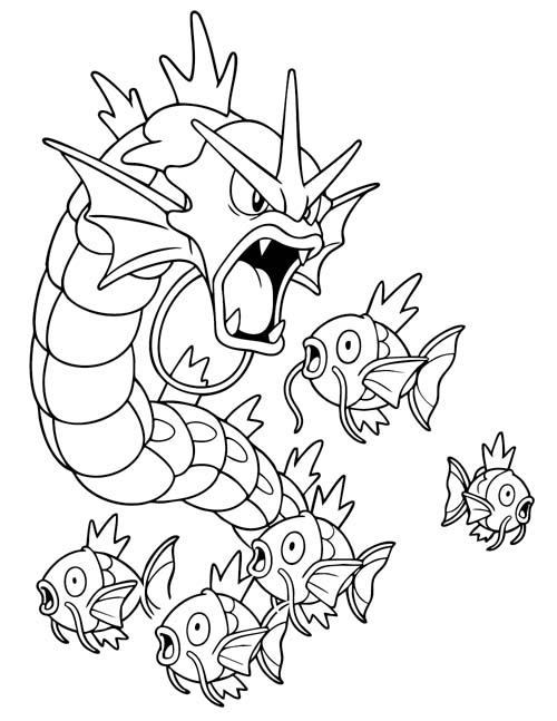 coloring page of Gyarados and Magicarps