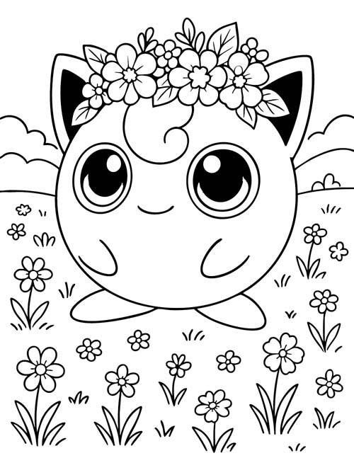 coloring page of jigglypuff and flowers