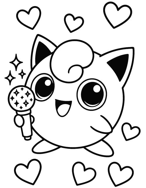 labeled coloring page of jigglypuff singing with hearts in the background