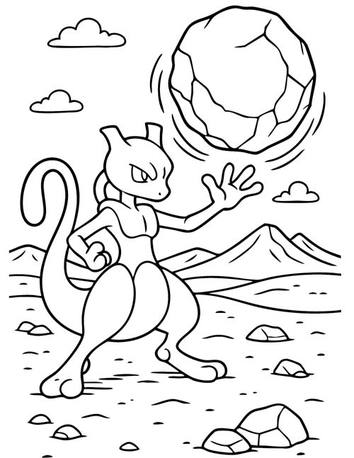 coloring page of Mewtwo using psychic energy to throw a rock