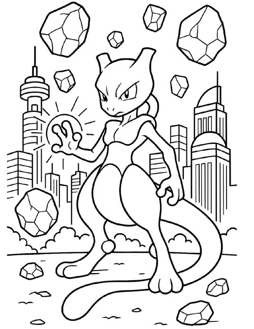 coloring page of Mewtwo using psychic energy to lift rocks