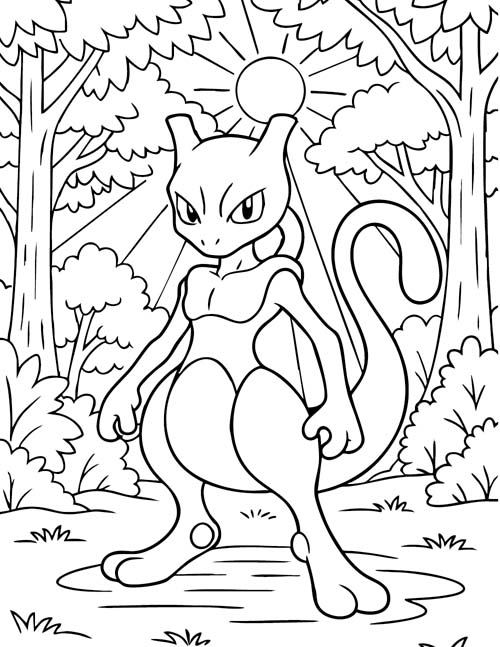 coloring page of Mewtwo in the forest