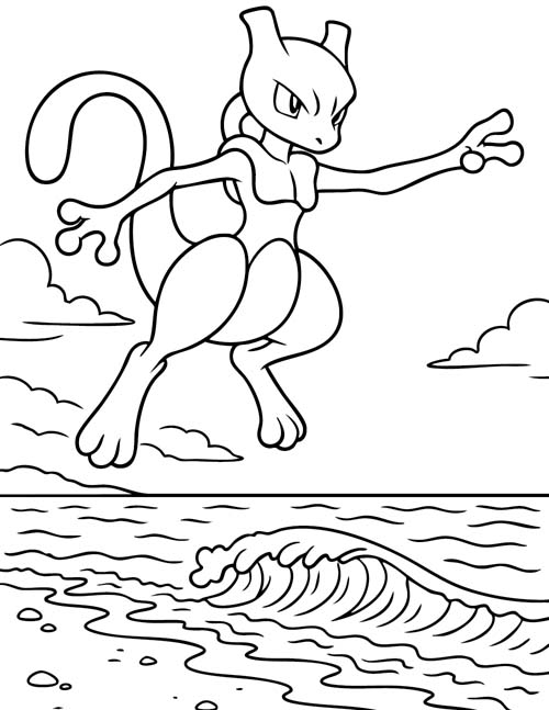 coloring page of Mewtwo floating over the ocean