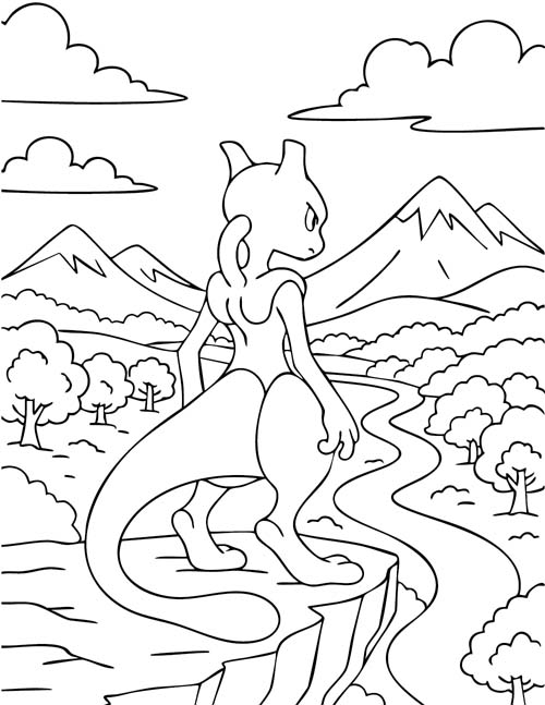 coloring page of Mewtwo looking over the valley