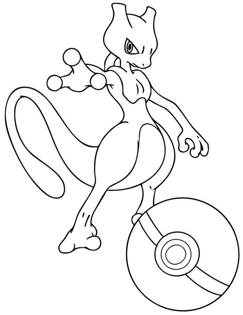 coloring page of Mewtwo and a Pokeball