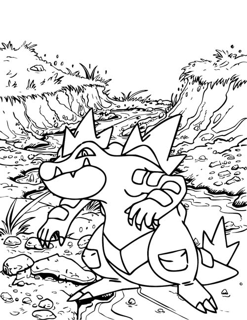 coloring page of Feraligatr in the a muddy stream