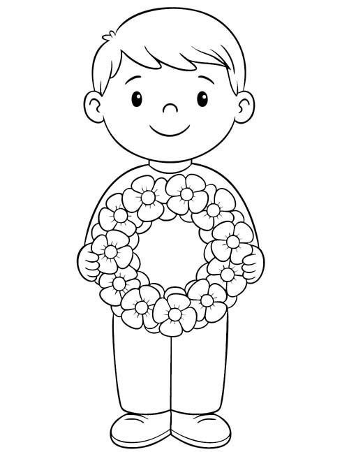 simple coloring page of a boy holding a poppy wreath