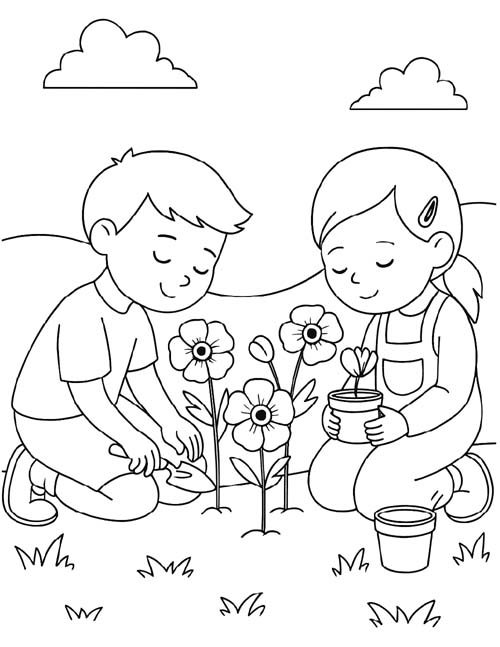 coloring page of children planting poppies