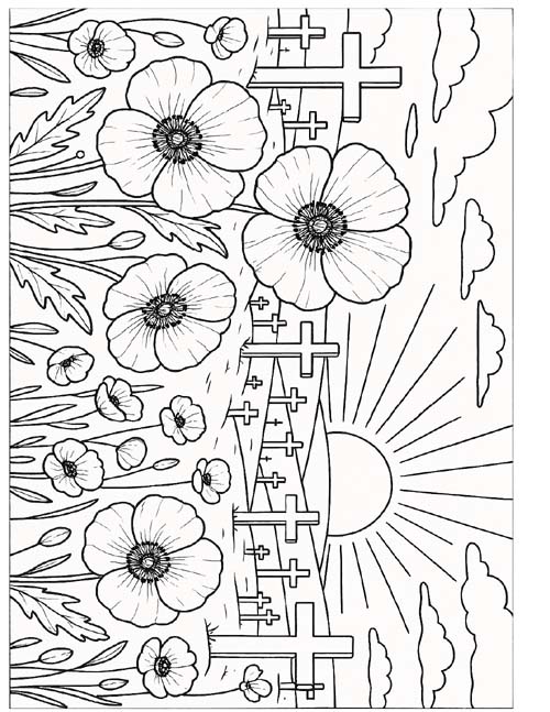 coloring page of a poppy field at sunrise