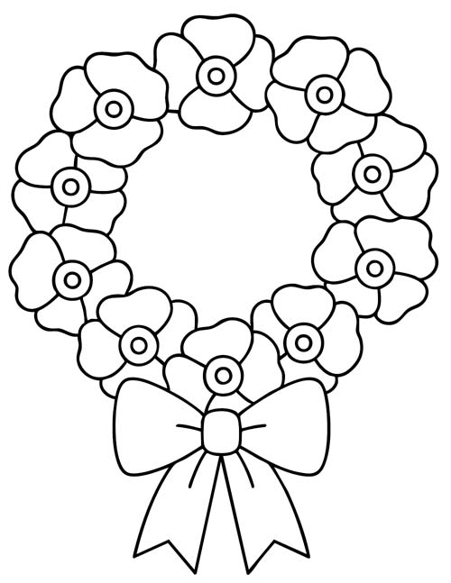 coloring page of a poppy wreath with a bow