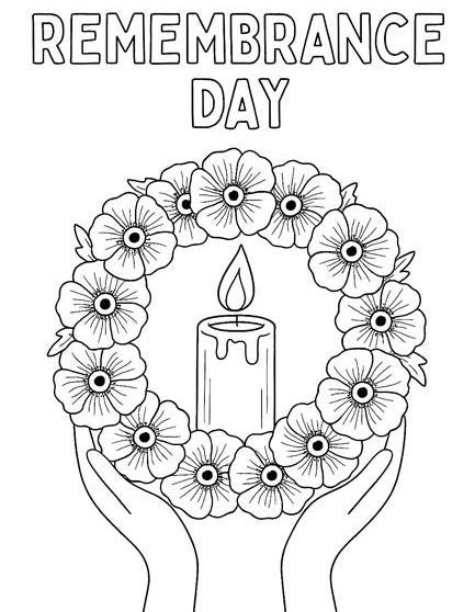 coloring page of a poppy wreath with a candle
