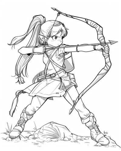 female elven archer coloring page