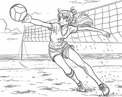 coloring page of a girl playing beach volleyball