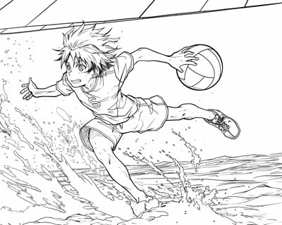 coloring page of a boy playing beach volleyball