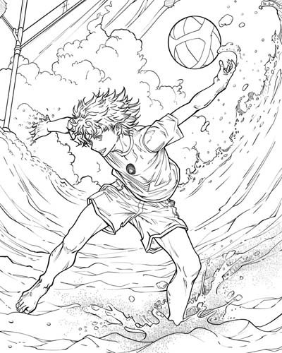 coloring page of a boy playing beach volleyball