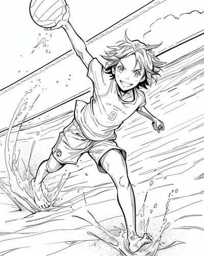 coloring page of a boy playing beach volleyball