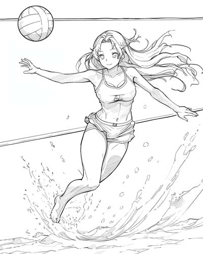 coloring page of a girl playing beach volleyball