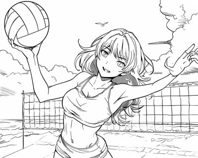 coloring page of a girl playing beach volleyball