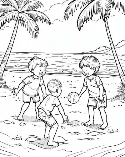 coloring page of boys playing beach volleyball
