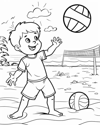 coloring page of a boy playing beach volleyball