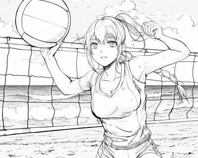 coloring page of a girl playing beach volleyball