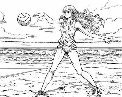 coloring page of a girl playing beach volleyball