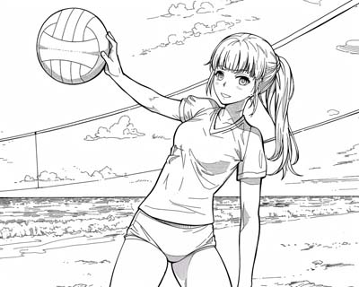 coloring page of a girl playing beach volleyball