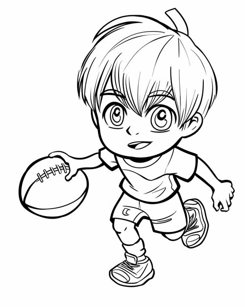 chibi coloring page of a boy playing football