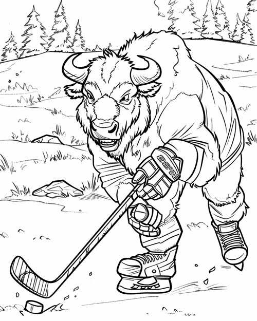 coloring page of a bison hockey player