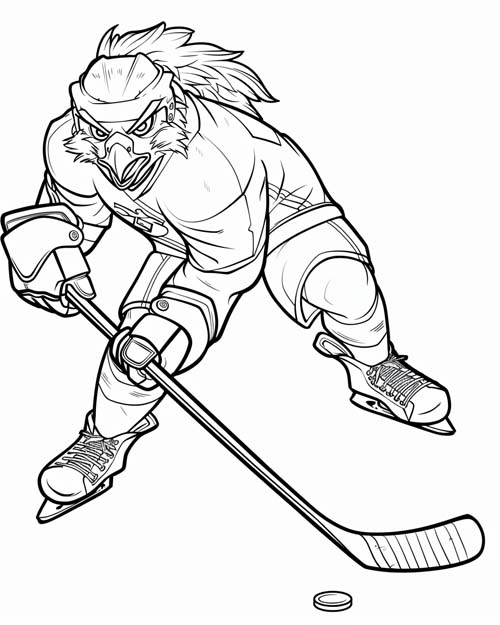 coloring page of a hawk playing hockey