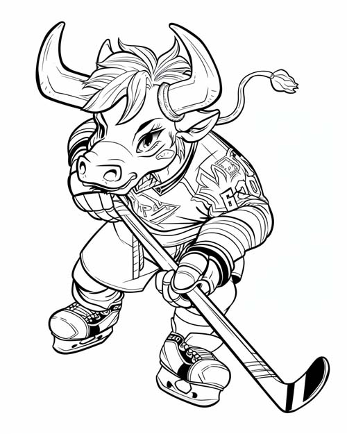 cute coloring page of a bull hockey player