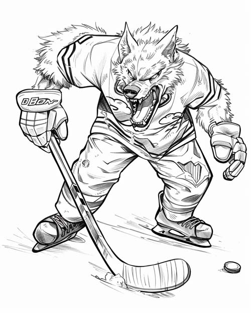 coloring page of a werewolf hockey player