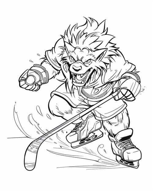 coloring page of a werewolf hockey player