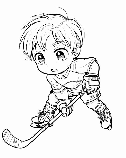 chibi coloring page of a boy playing hockey