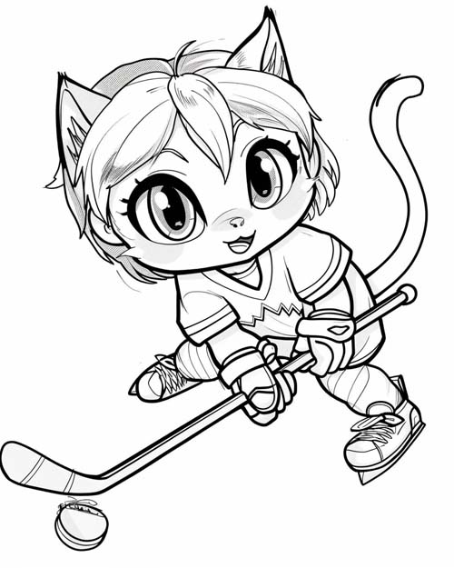 chibi coloring page of a kitten hockey player