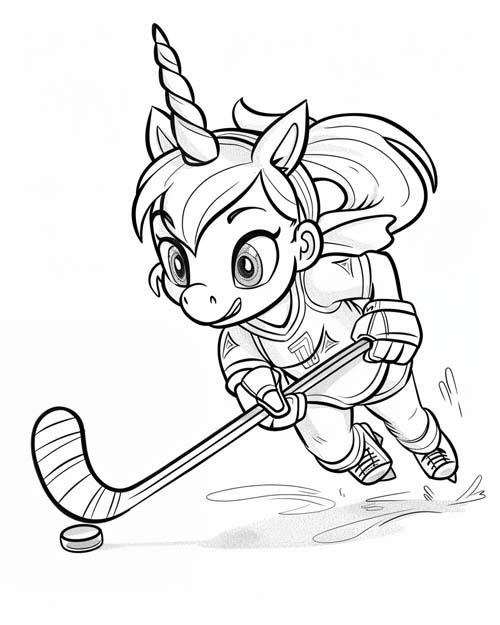 chibi coloring page of a unicorn hockey player