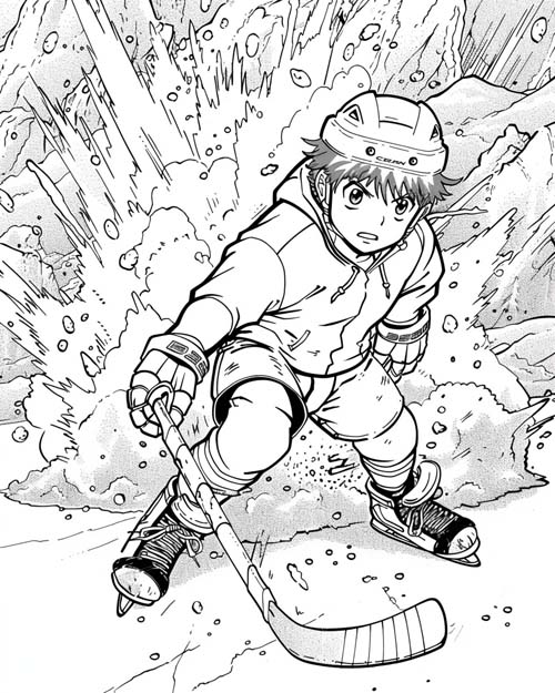 coloring page of a hockey player in a dynamite explosion